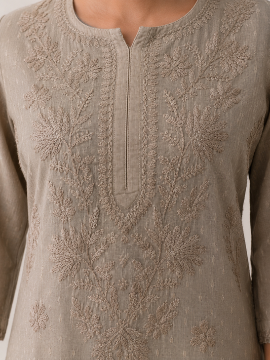 Khaki Chikankari Long Kurta – Nawabi Summer, detail view