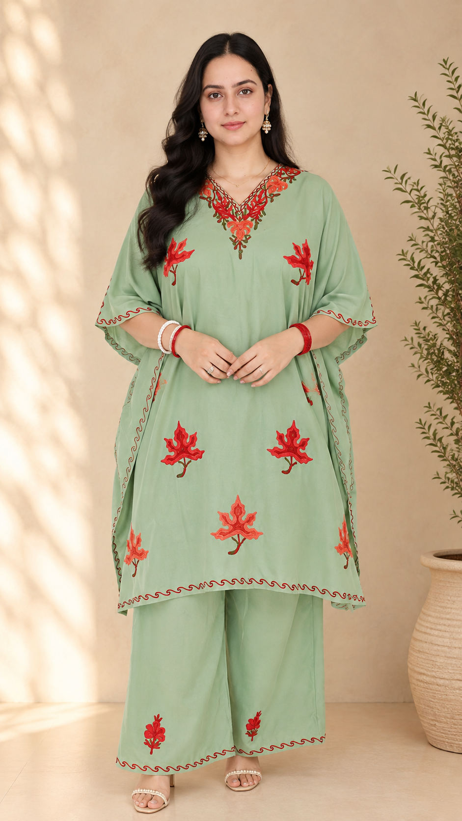 Mint Green Aari Work Kaftan Set - Koshur Summer 1