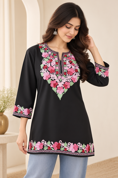 Black Pink Aari Work Short Kurti – Summer Tops