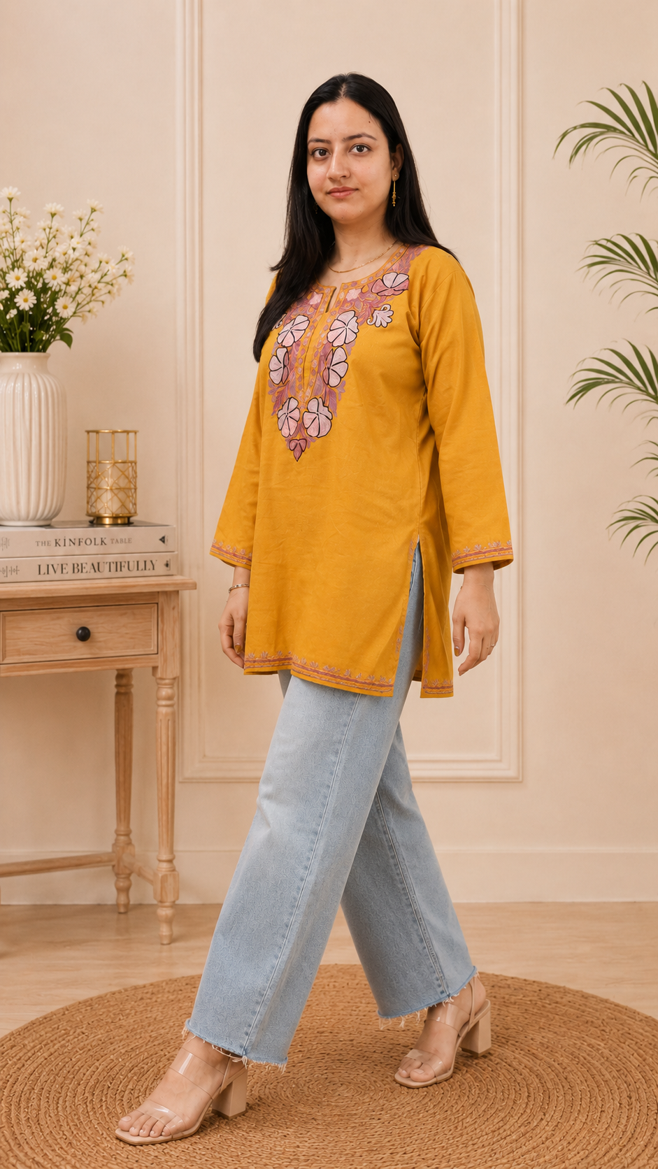 Golden Pink Aari Work Short Kurti in Ruby Cotton