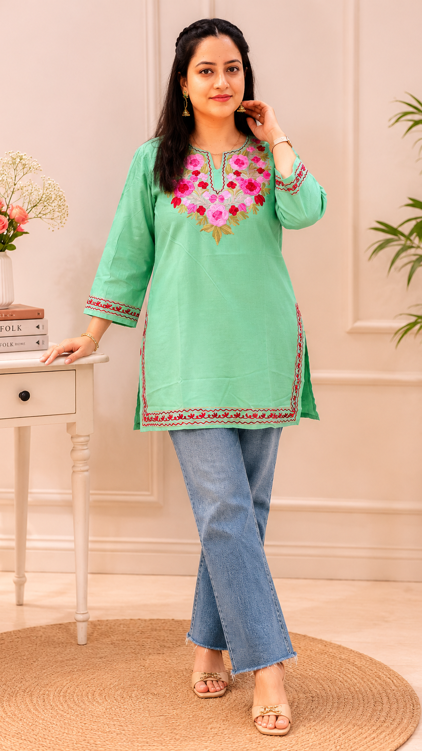Golden Red Pink Aari Work Short Kurti in Ruby Cotton