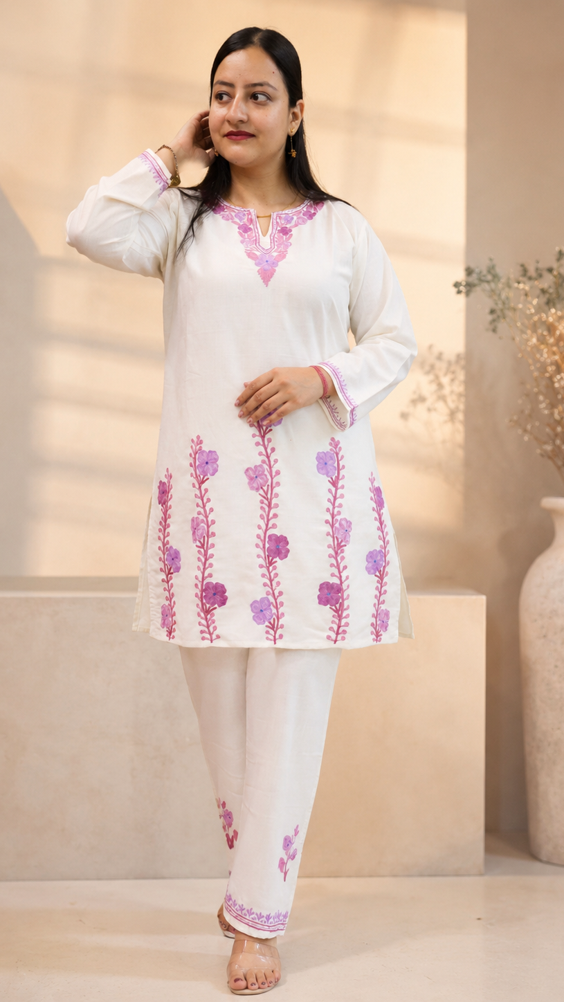 Thari Daman Cord Set with Intricate Aari Work in Ruby Cotton