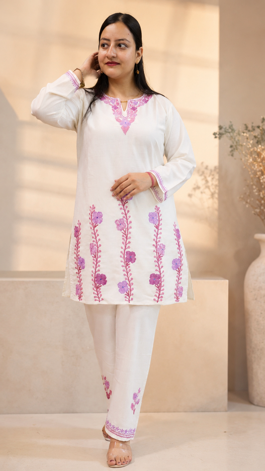 Thari Daman Cord Set with Intricate Aari Work in Ruby Cotton