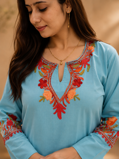 Sea Blue Tulip Aari Work Cord Set in Ruby Cotton
