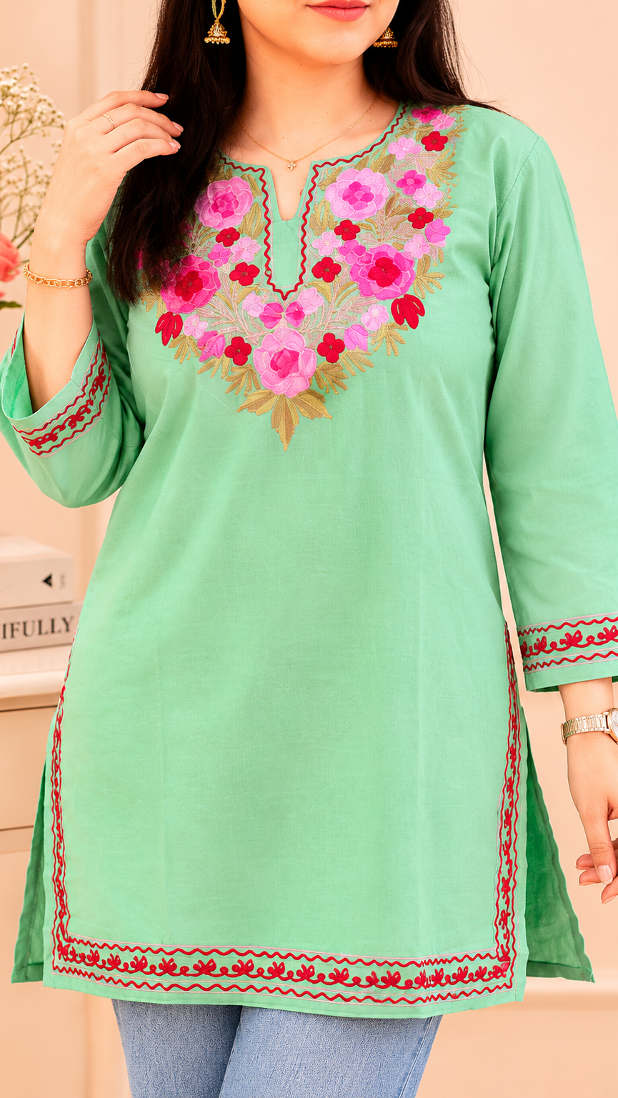 Golden Red Pink Aari Work Short Kurti in Ruby Cotton