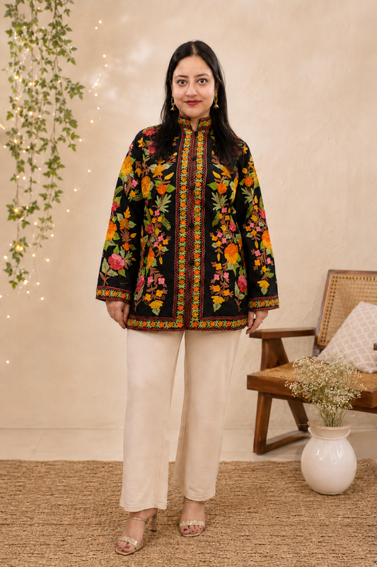 Black Aari Work Coat in Silk with Floral Motifs