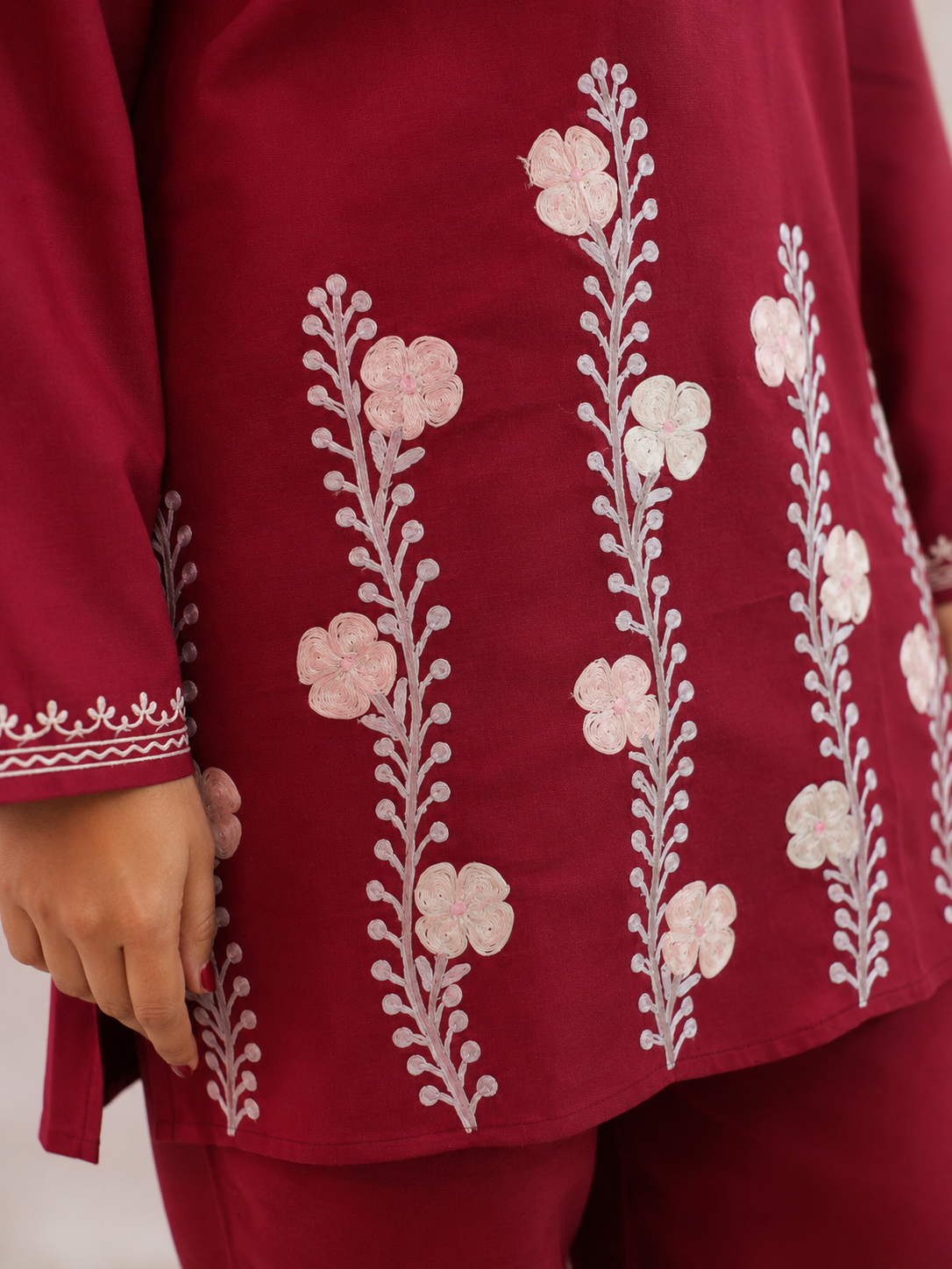 Thari Daman Aari Work Cord Set in Rich Wine Cotton