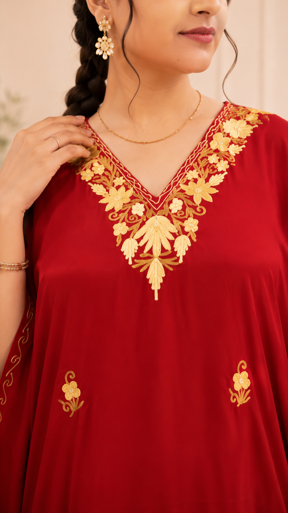 Aari Work Crepe Kaftan in Vibrant Red