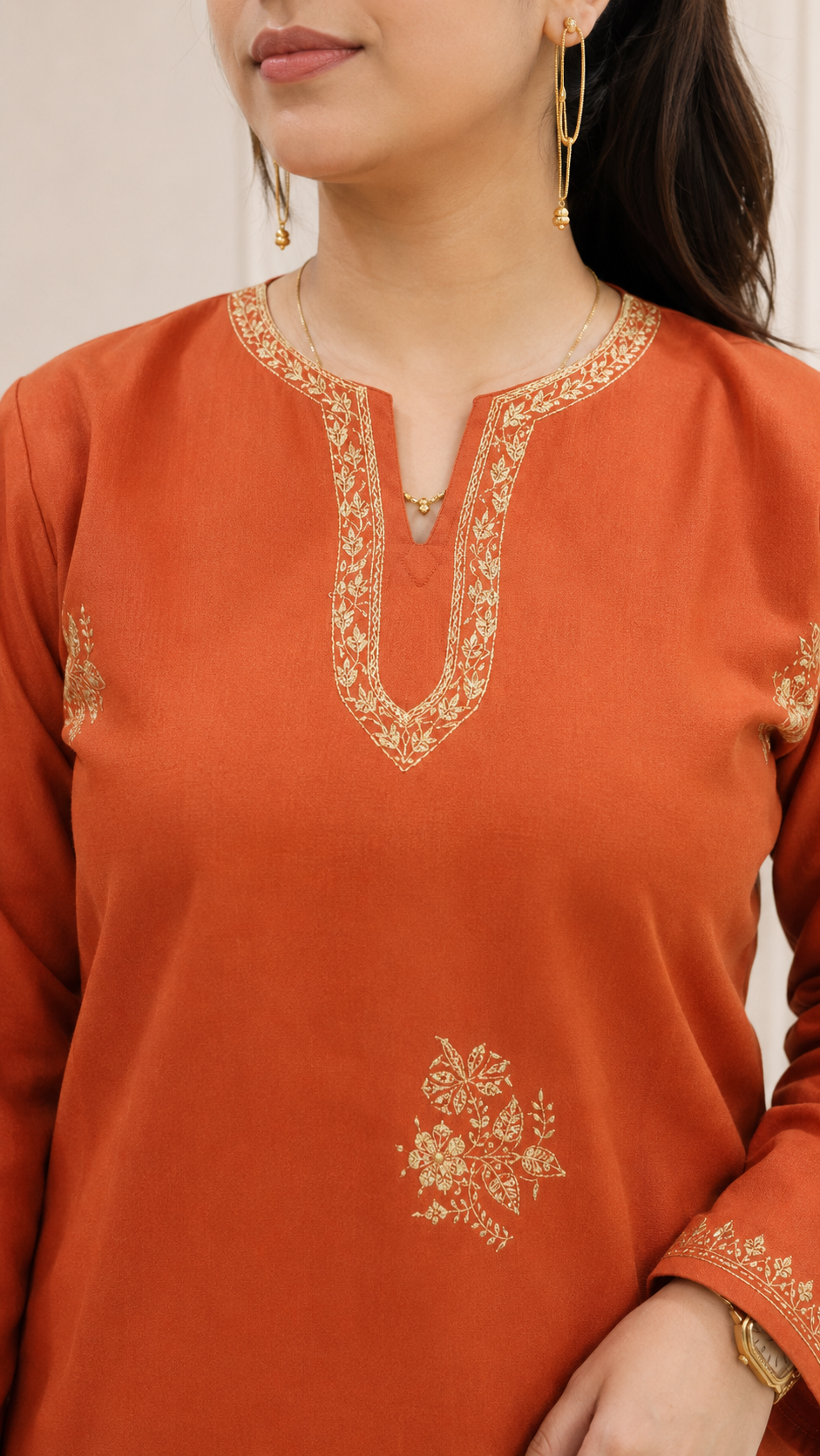 Rust Orange Sozni Handwork Cord Set in Ruby Cotton