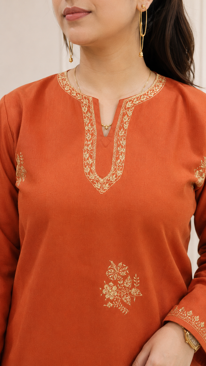 Rust Orange Sozni Handwork Cord Set in Ruby Cotton