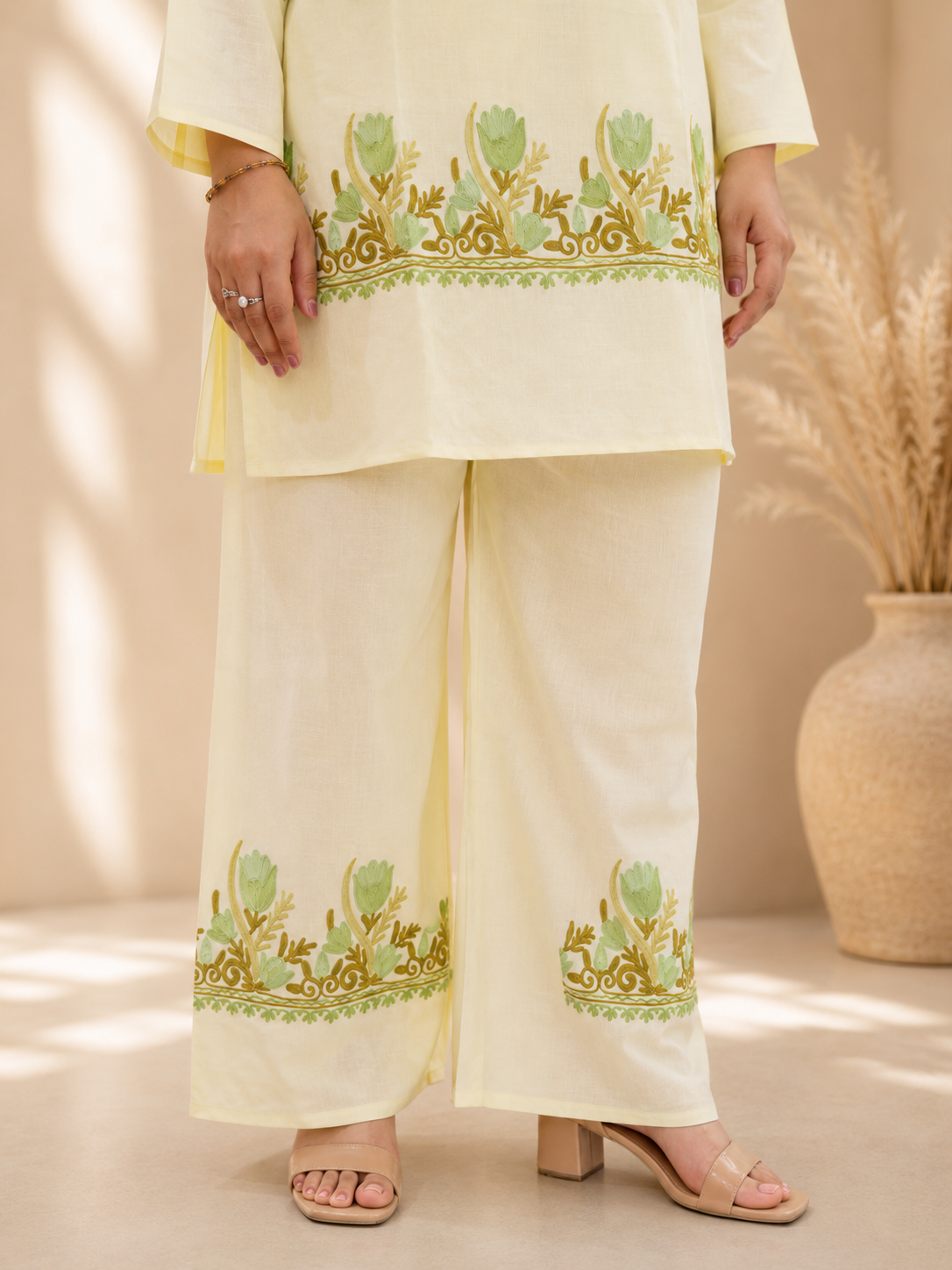 Tulip Aari Work Cord Set in Light Yellow Ruby Cotton