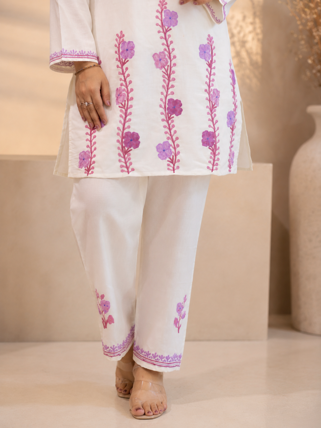 Thari Daman Cord Set with Intricate Aari Work in Ruby Cotton