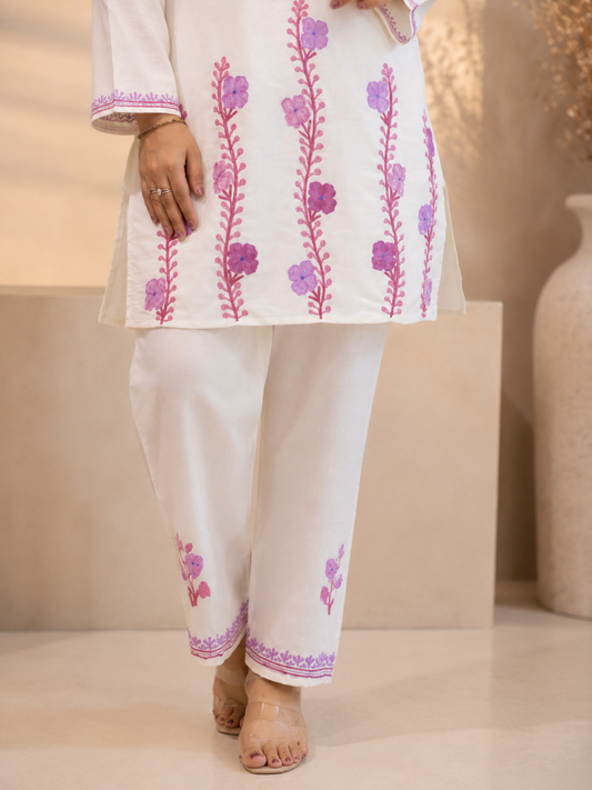Thari Daman Cord Set with Intricate Aari Work in Ruby Cotton