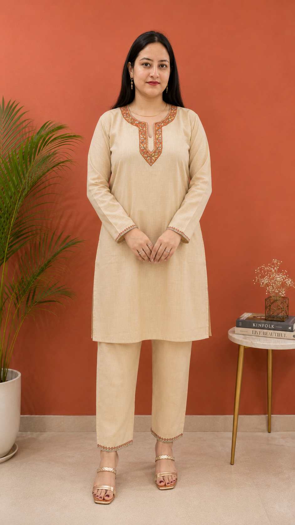 Sozni Handwork Cord Set in Ruby Cotton from Kashmir