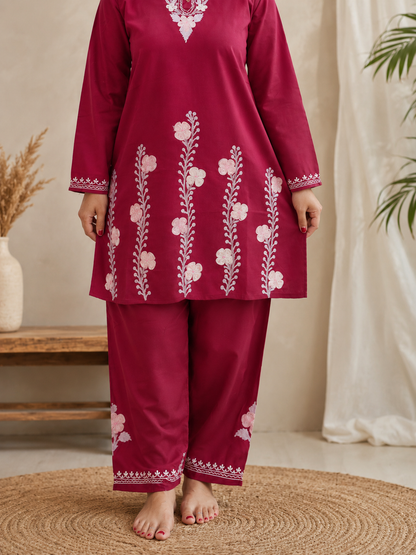 Thari Daman Aari Work Cord Set in Rich Wine Cotton