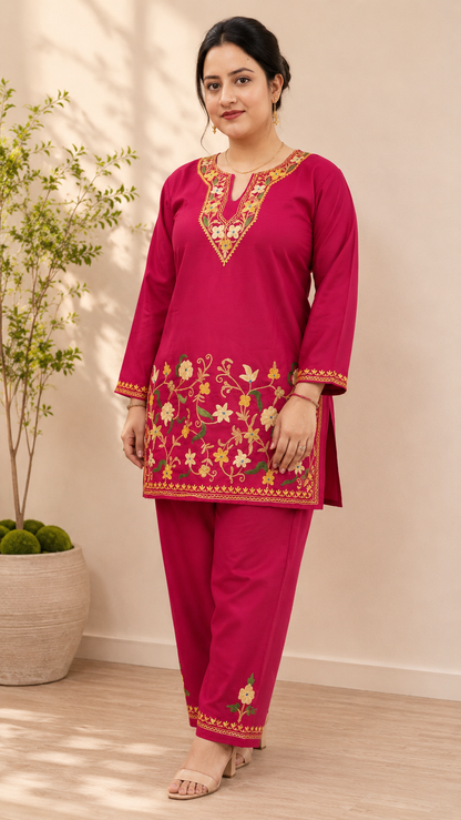 Rani Pink Jali Daman Aari Work Cord Set in Ruby Cotton