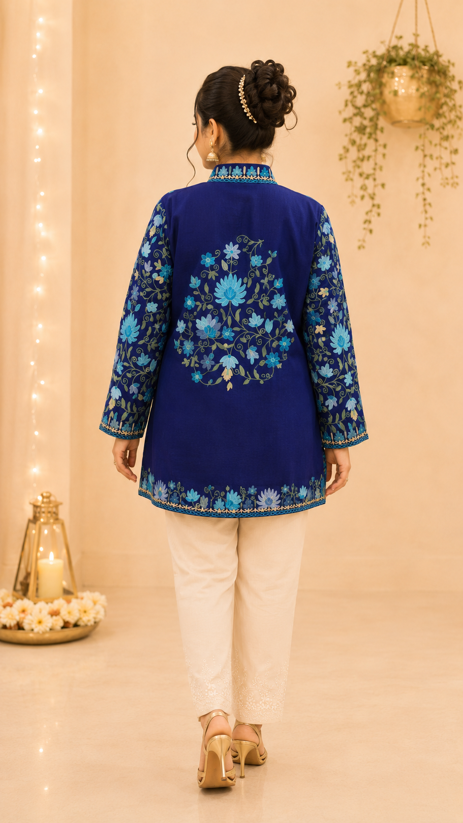 Navy Blue Aari Work Coat with Intricate Floral Motifs