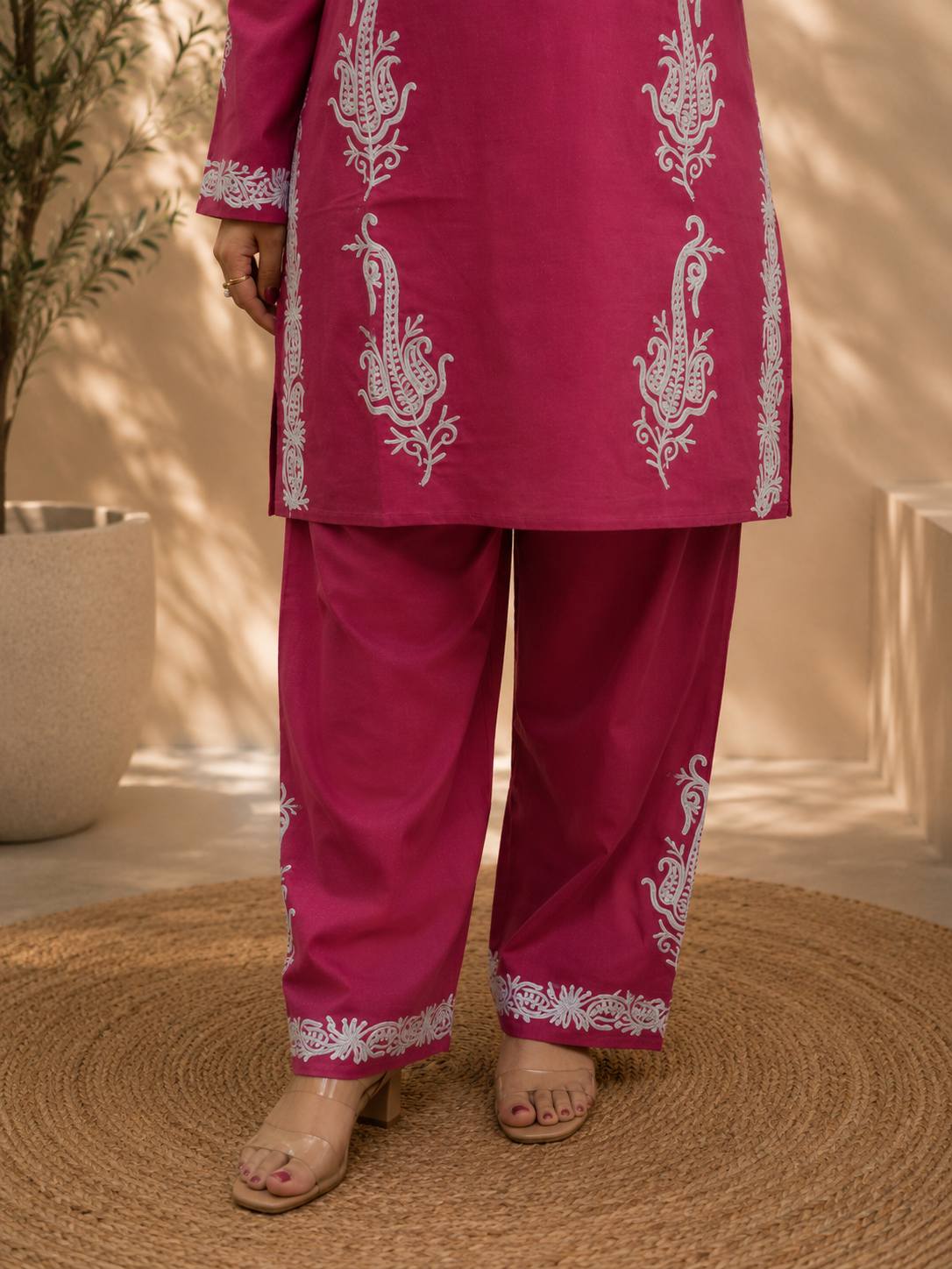 Light Pink Badami Side Aari Work Cord Set in Ruby Cotton