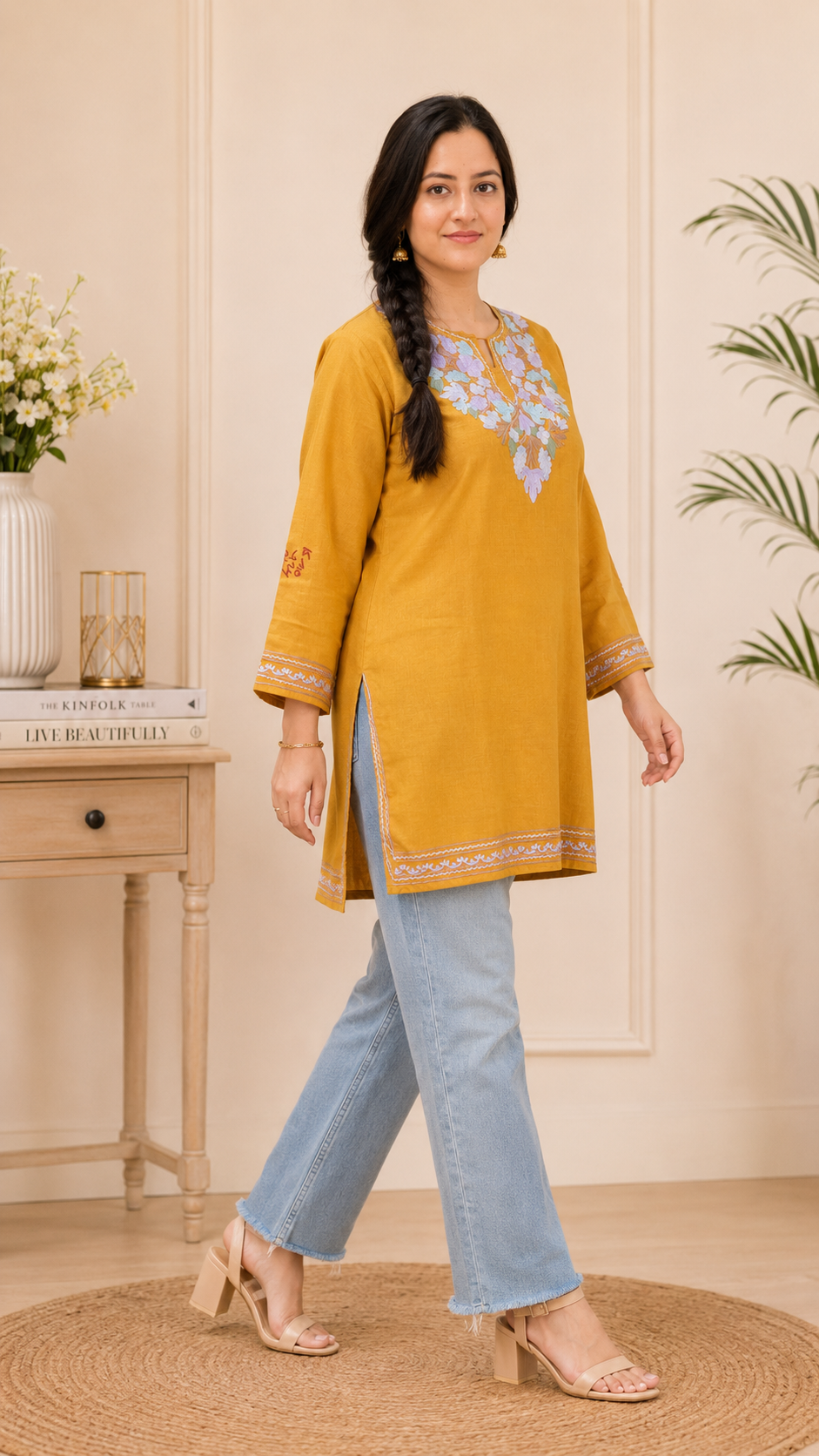 Intricately Aari Worked Ruby Cotton Short Kurti in Golden Blue