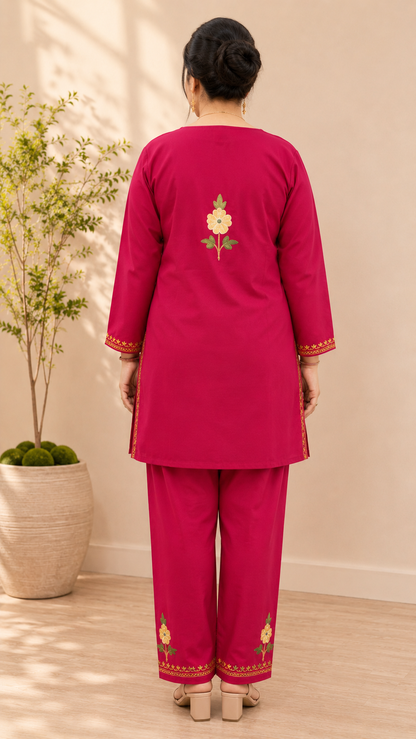 Rani Pink Jali Daman Aari Work Cord Set in Ruby Cotton