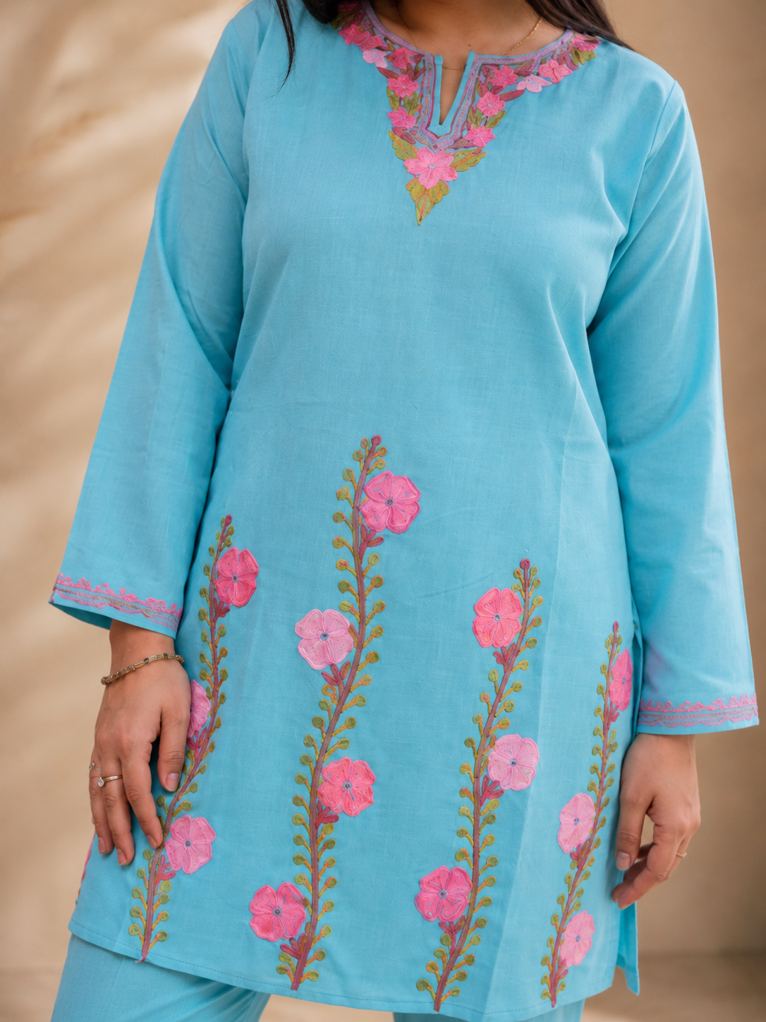 Thari Daman Aari Work Cord Set in Sea Blue Ruby Cotton