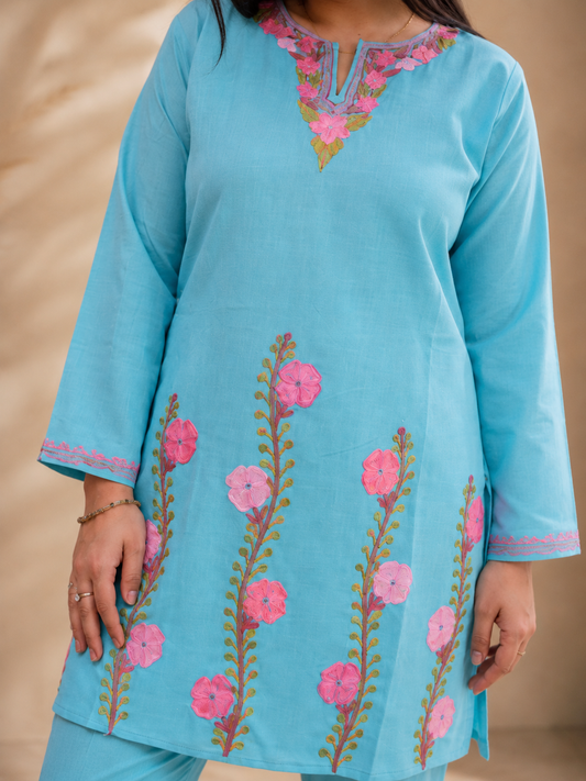 Thari Daman Aari Work Cord Set in Sea Blue Ruby Cotton