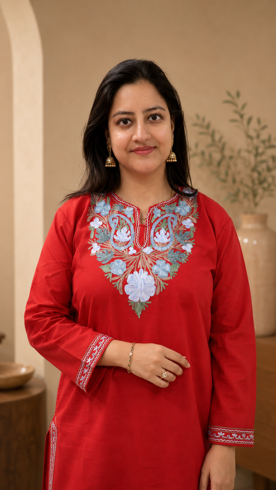 Aari Work Long Kurti in Ruby Cotton with Floral Motifs