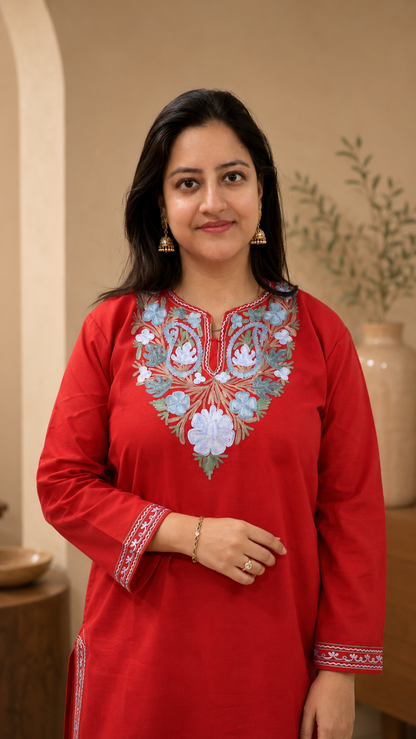 Aari Work Long Kurti in Ruby Cotton with Floral Motifs