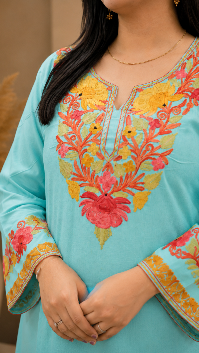 Sea Green C-Cut Aari Work Cord Set in Ruby Cotton