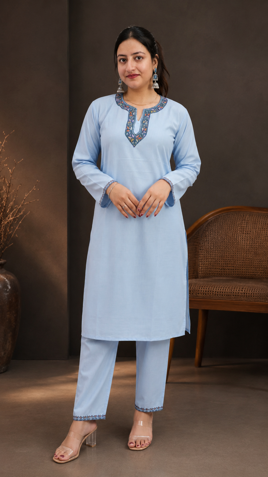 Sky Blue Sozni Handwork Cord Set in Ruby Cotton