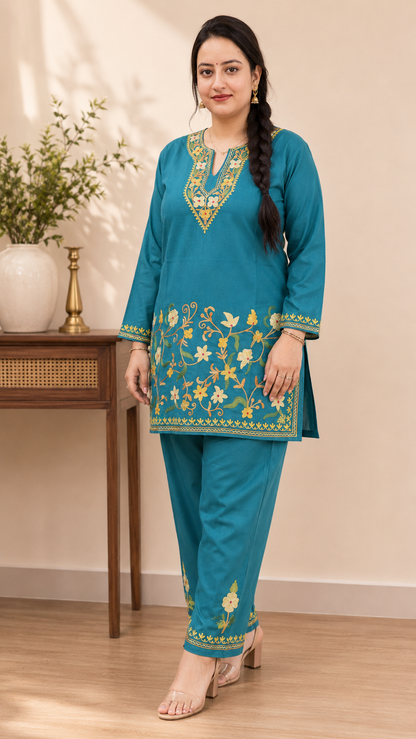Teal Ruby Cotton Cord Set with Jali Daman Aari Work