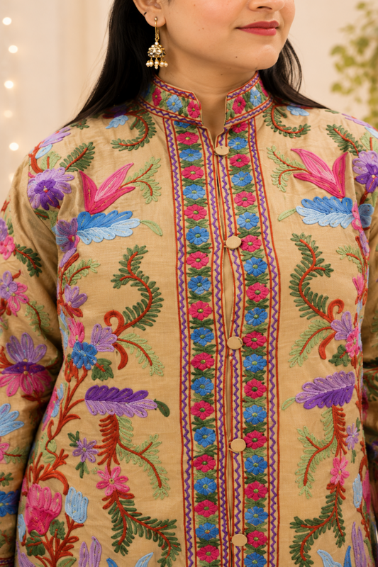 Handcrafted Aari Work Coat in Beige Silk with Floral Motifs