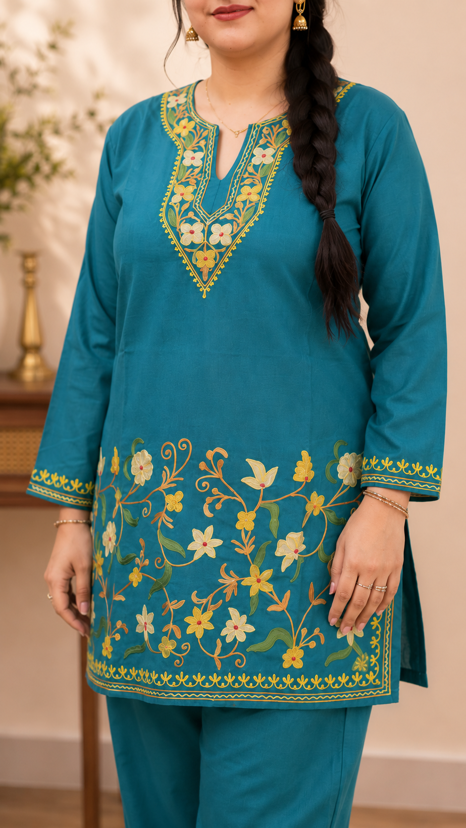 Teal Ruby Cotton Cord Set with Jali Daman Aari Work