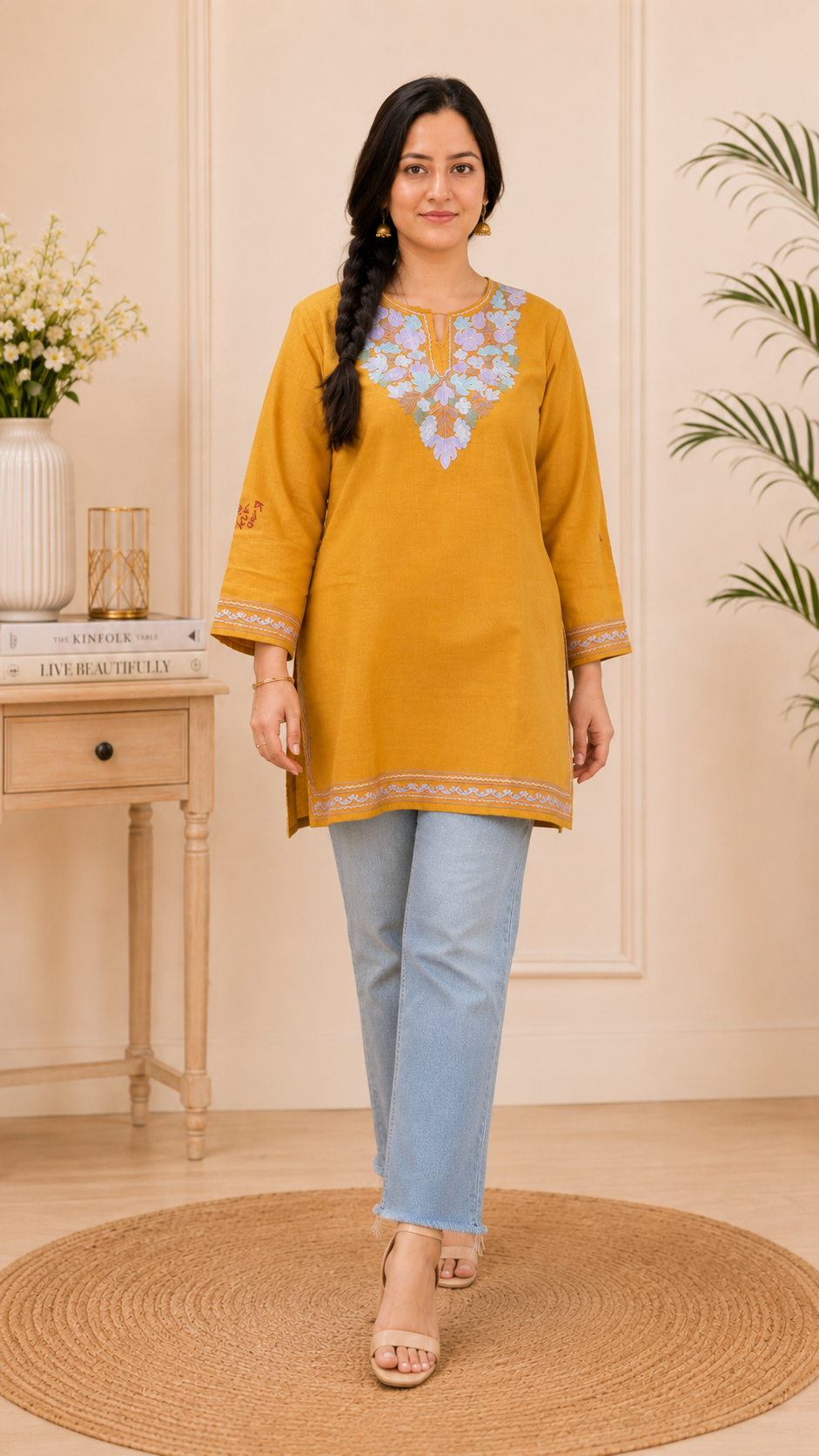 Intricately Aari Worked Ruby Cotton Short Kurti in Golden Blue