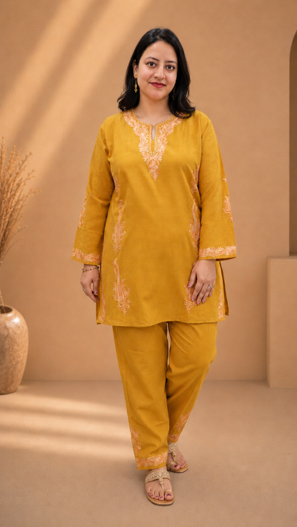 Badami Aari Work Cord Set in Ruby Cotton with Golden Embroidery