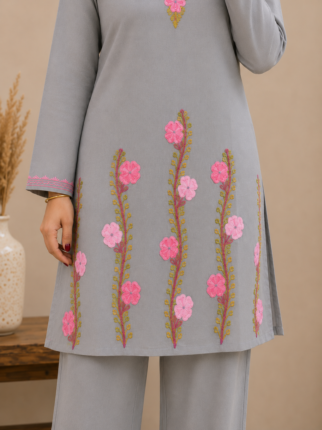 Thari Daman Aari Work Cord Set in Ruby Cotton Grey