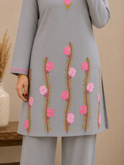 Thari Daman Aari Work Cord Set in Ruby Cotton Grey