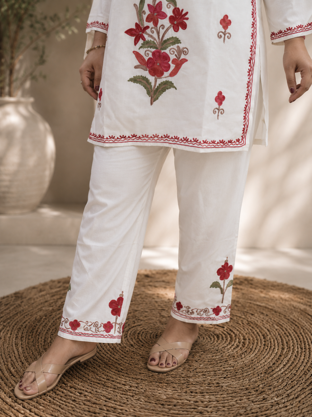 Flower Daman Aari Work Cord Set in Ruby Cotton