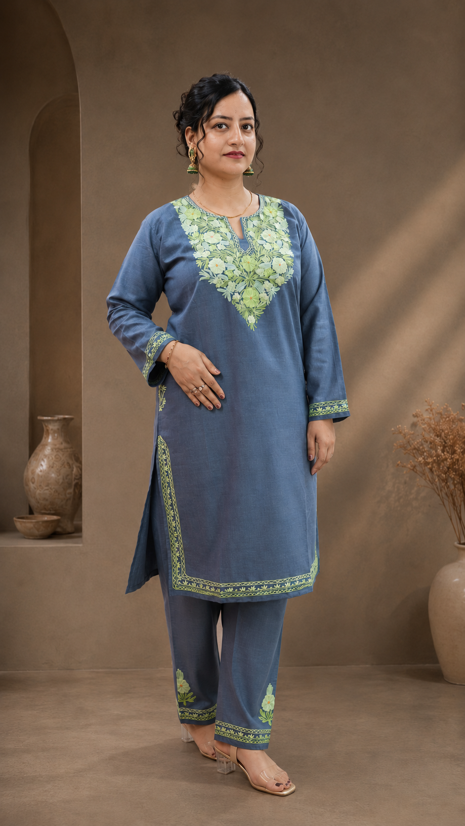 Intricately Crafted Aari Work Cord Set in Grey Green
