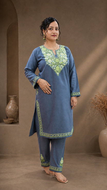 Intricately Crafted Aari Work Cord Set in Grey Green