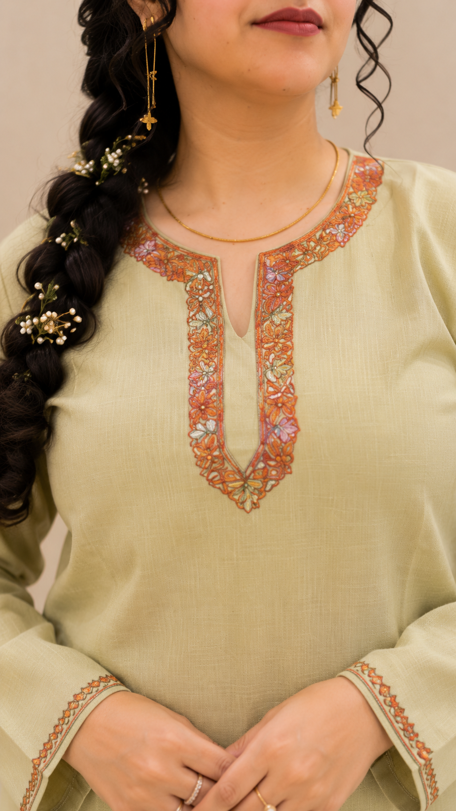 Sozni Handwork Cord Set in Light Green Ruby Cotton
