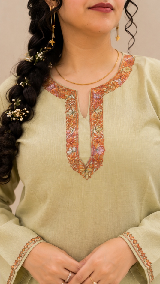 Sozni Handwork Cord Set in Light Green Ruby Cotton