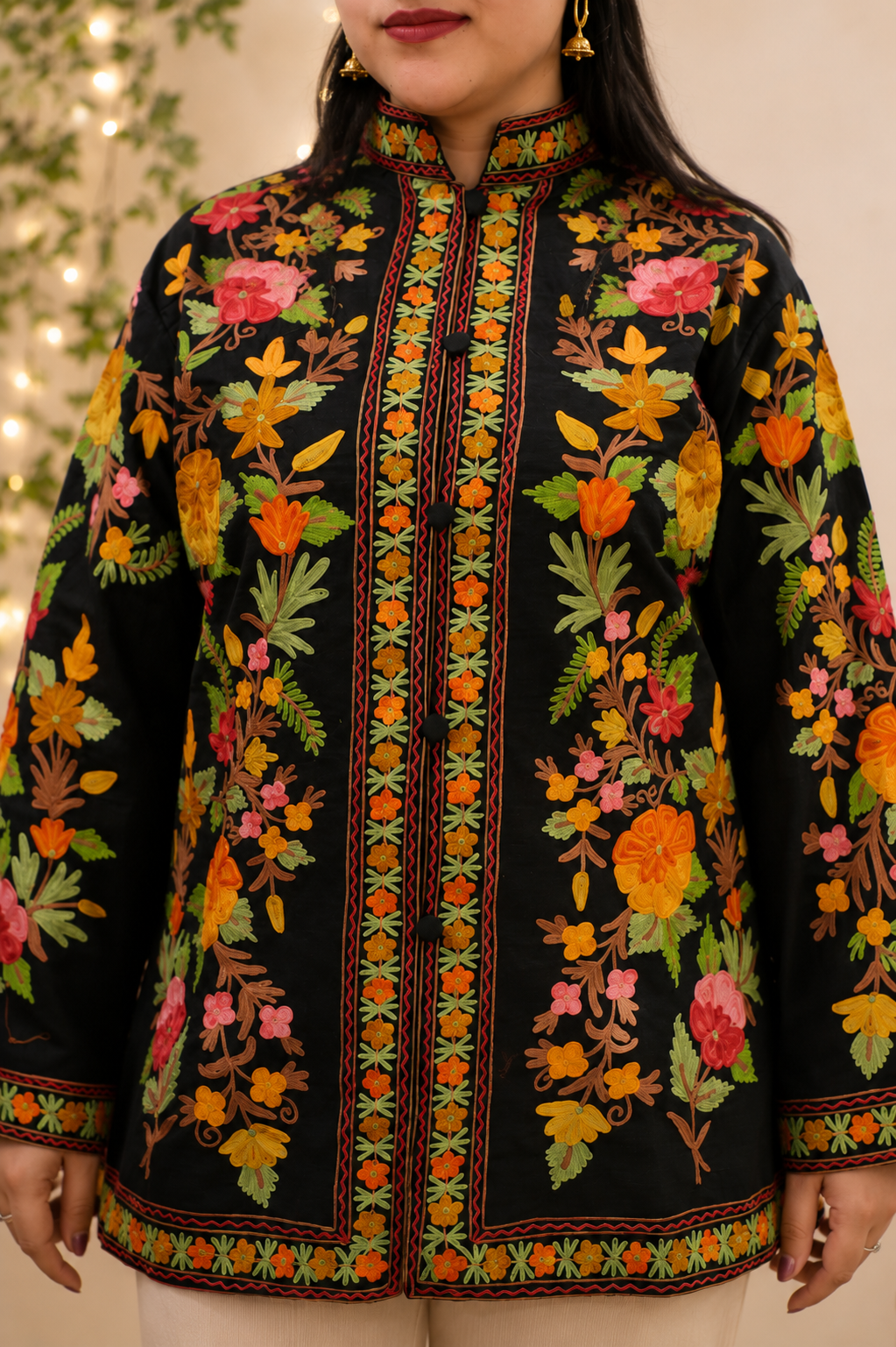 Black Aari Work Coat in Silk with Floral Motifs