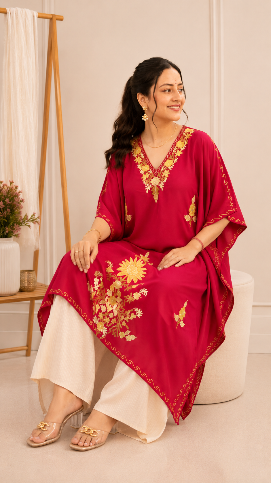 Aari Work Crepe Kaftan in Soft Pink with Gold Motifs