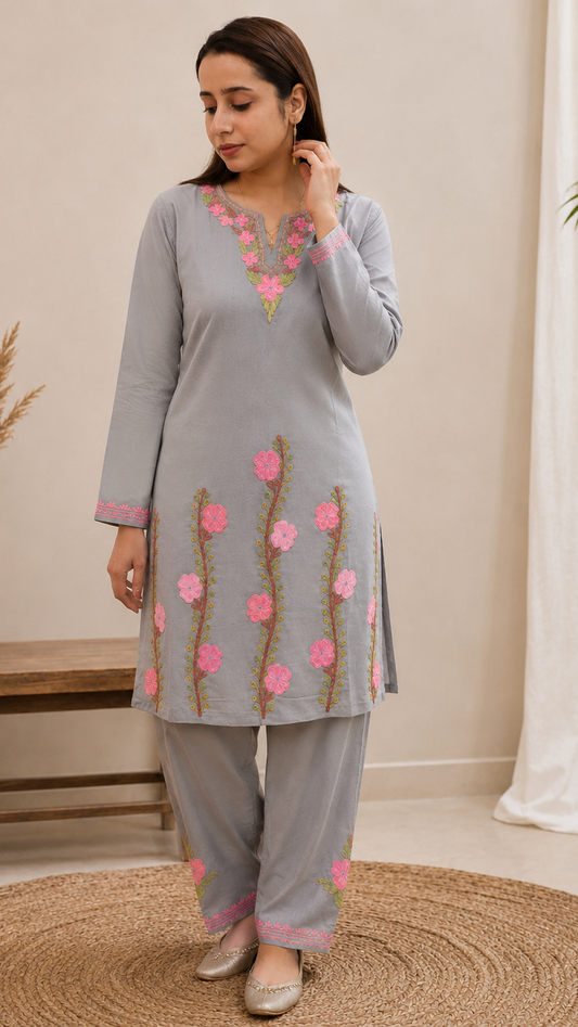Thari Daman Aari Work Cord Set in Ruby Cotton Grey
