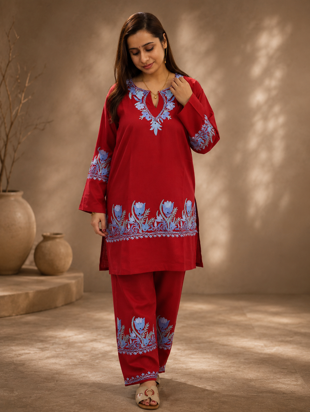 Ruby Cotton Tulip Aari Work Cord Set with Floral Motifs