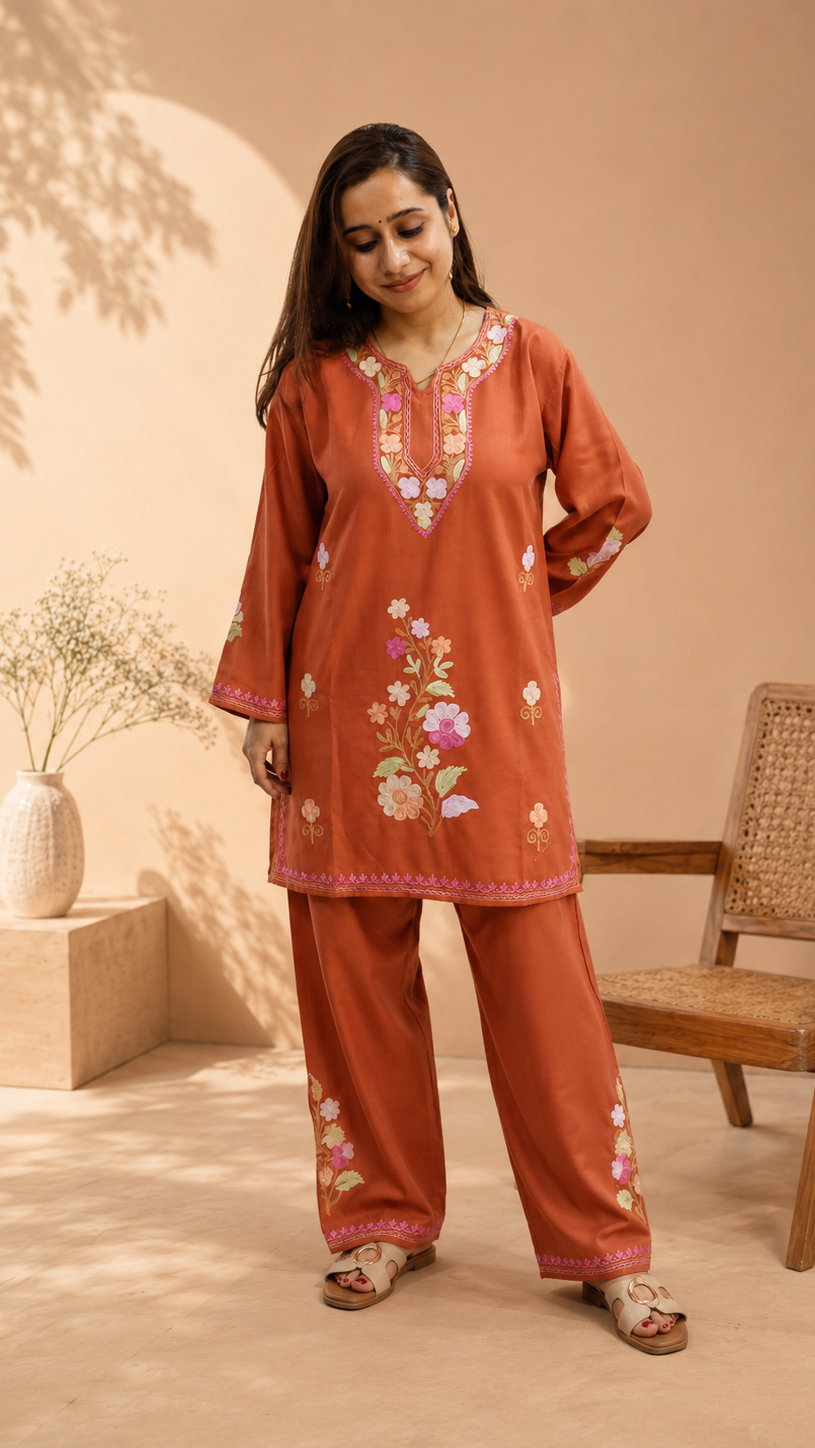 Rust Cotton Cord Set with Exquisite Flower Daman Aari Work