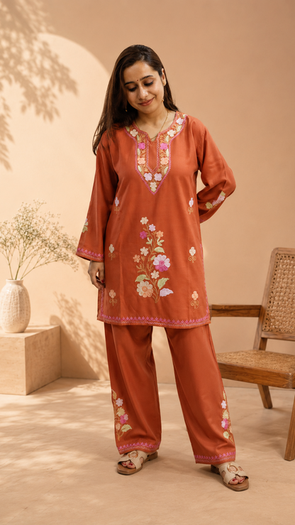 Rust Cotton Cord Set with Exquisite Flower Daman Aari Work