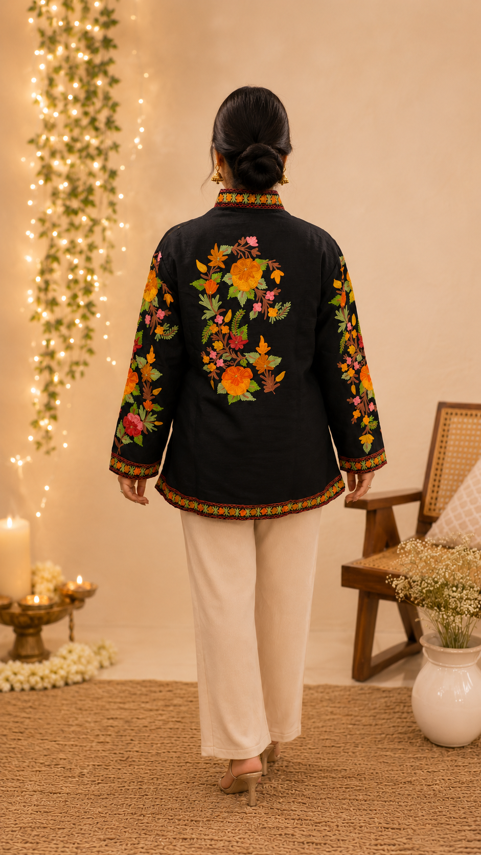 Black Aari Work Coat in Silk with Floral Motifs