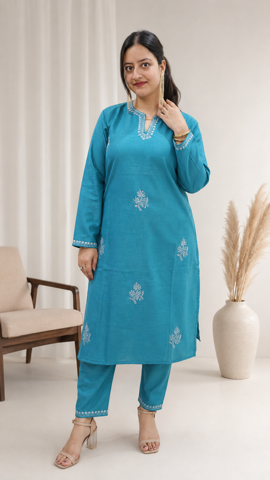 Teal Sozni Handwork Cord Set in Ruby Cotton